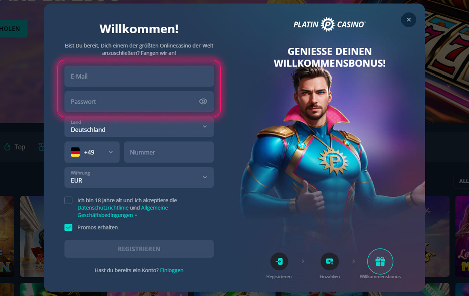 Erstellen Sie im Registrierungsformular ein Passwort für Ihr Platinum Casino-Konto.